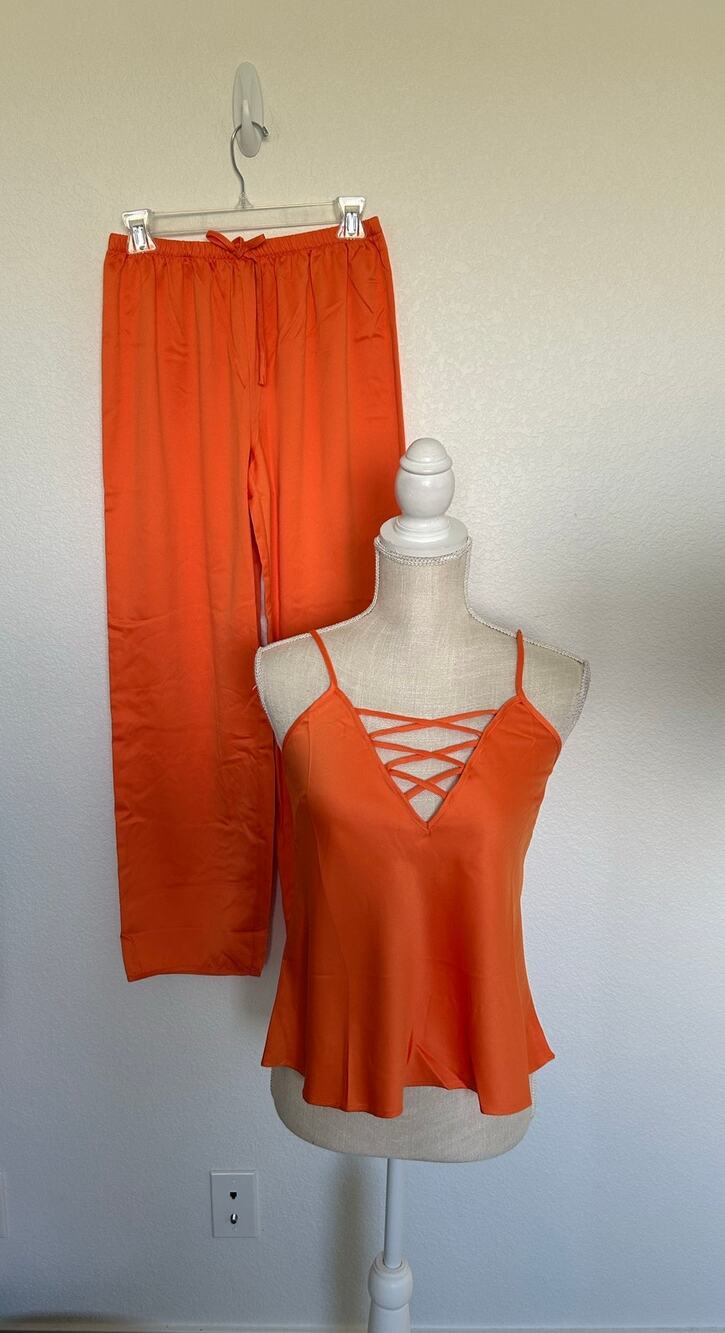 Frederick's Of Hollywood Orange Summer Lattice Satin Pajama Set - S